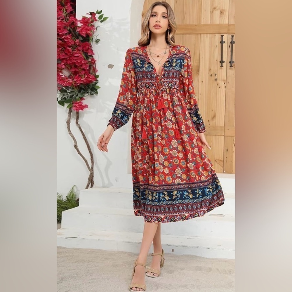 women’s long sleeve red floral print retro V-neck tassle bohemian midi dress‎